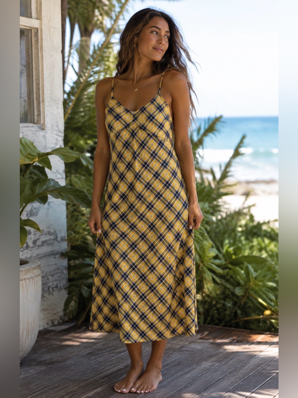 Michael Kors Yellow and Blue Plaid Slip Maxi Dress
